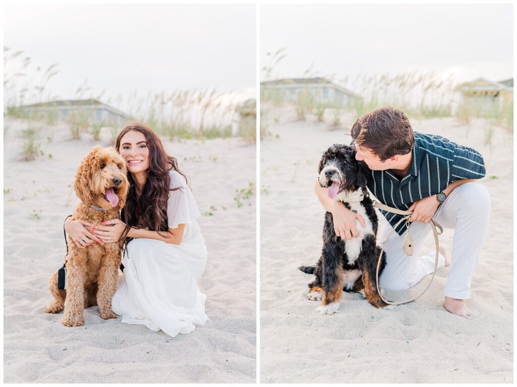 a dog owner holding their puppy on the beach at summer engagement session