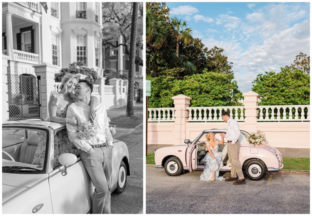couple posing in front of a pink car in Charleston for styled engagement