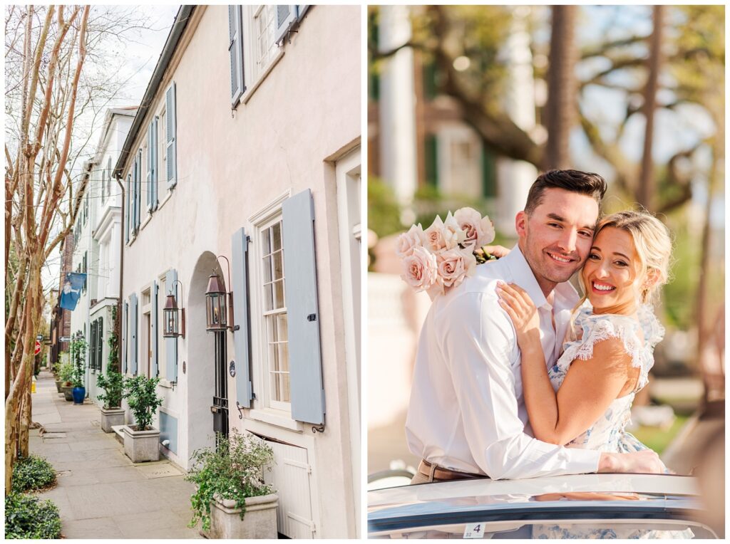couple standing in a pink car for engagement styled session in Charleston
