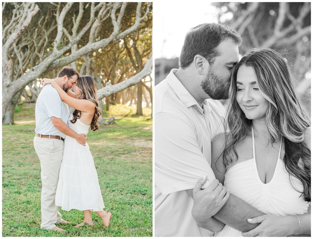 couple touching foreheads at Fort Fisher engagement session in tge summer