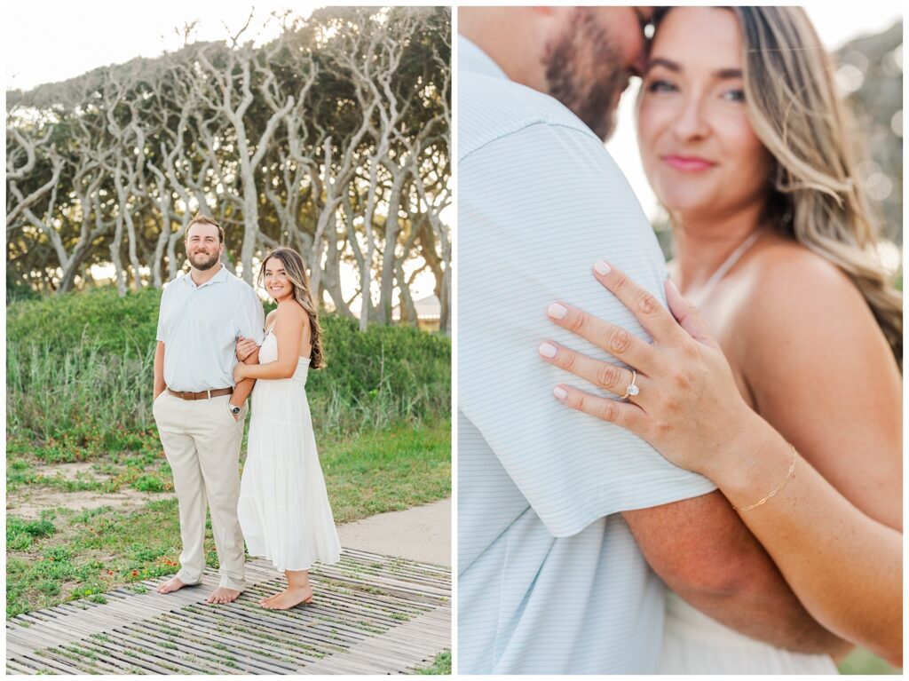 woman placing her engagement ring hand on fiance's arm at Fort Fisher