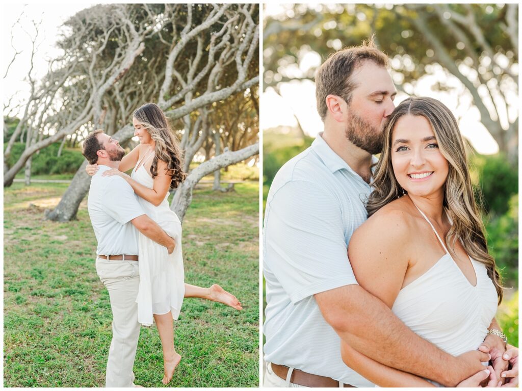 couple hugging and smiling at engagement session at Kure Beach