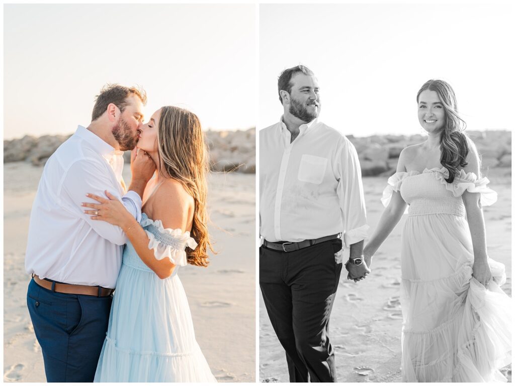 engaged couple sharing a kiss at Fort Fisher session
