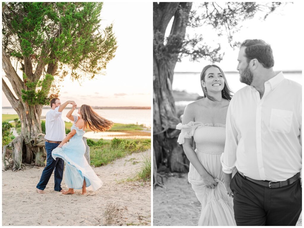 couple twirling in front of a large tree at Kure Beach engagement shoot