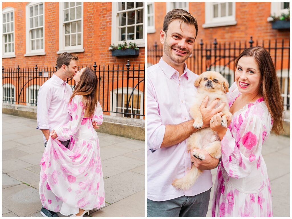 engaged couple in central London posing with their dog 