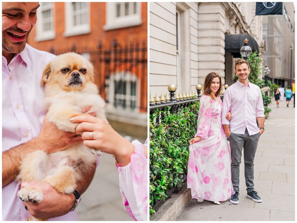 couple posing on the sidewalk in central London for engagement session