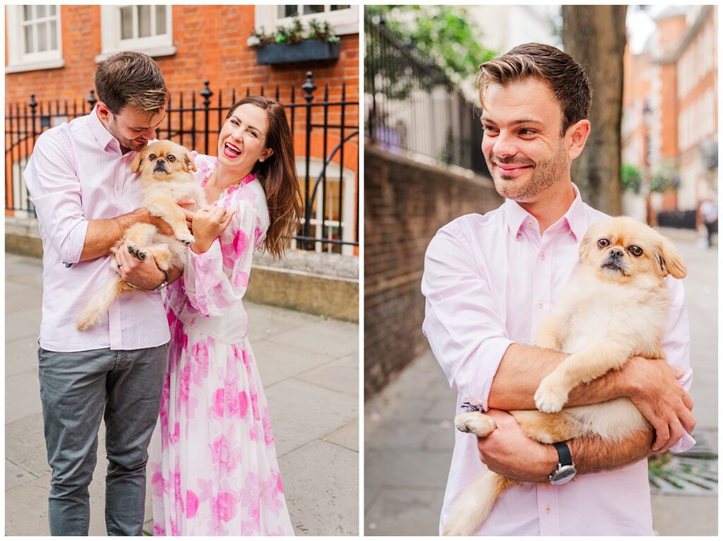 guy in a pink shirt holding his dog during engagement session in London