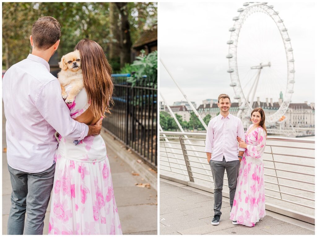 couple posing on the streets of London for summer destination engagement session