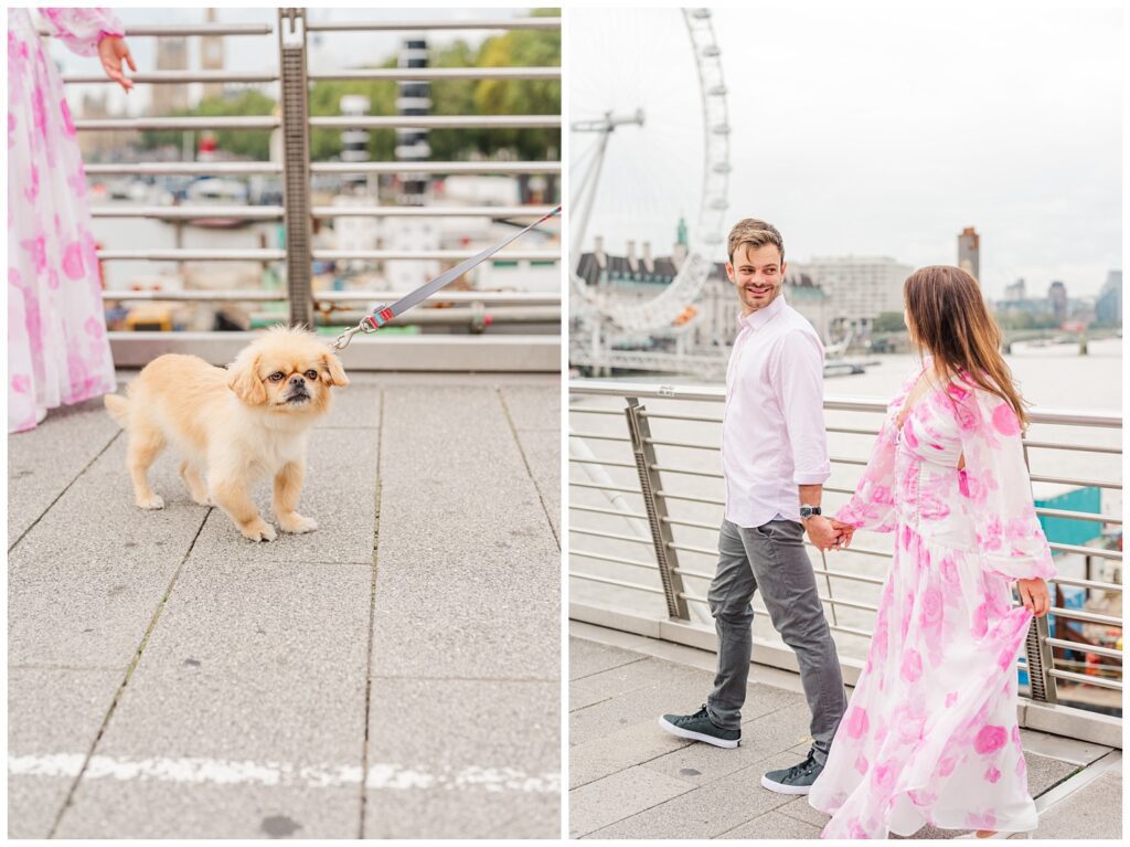 couple's puppy on the bridge in central London engagement session