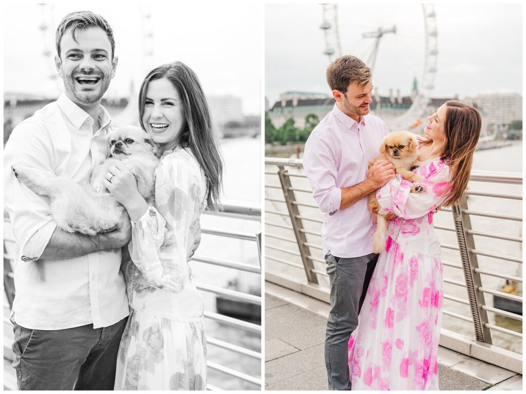 couple laughing and holding their dog in central London