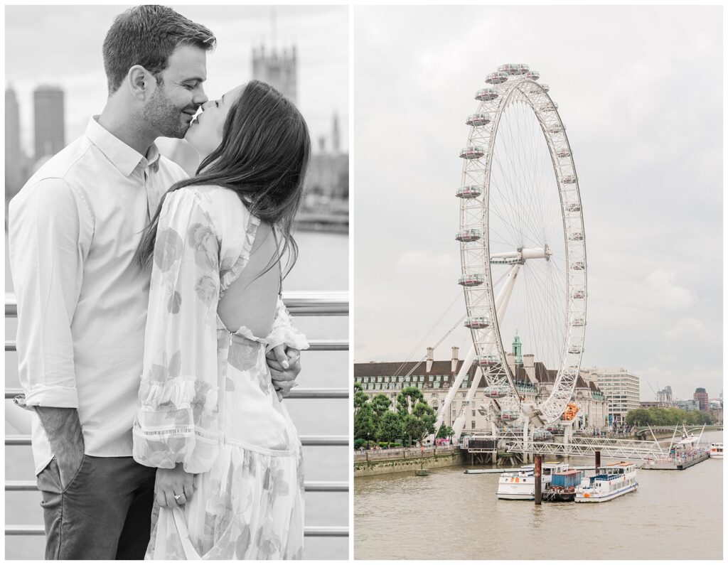 the London Eye Ferris wheel at summer destination engagement session