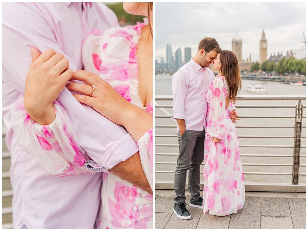 couple touching foreheads and posing with Parliament building in the background