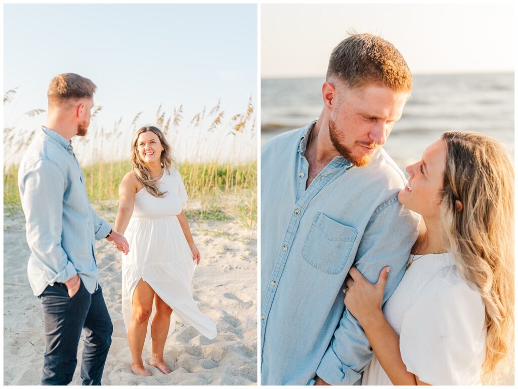 couple holding hands on the beach for engagement session in NC