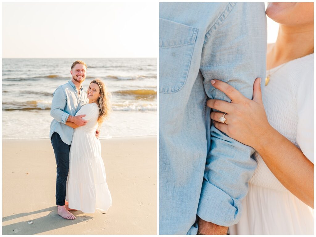 couple posing on Oak Island, NC beach for engagement session