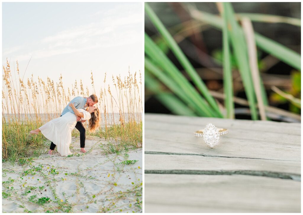 gold and diamond engagement ring sitting on wood in Oak Island, NC