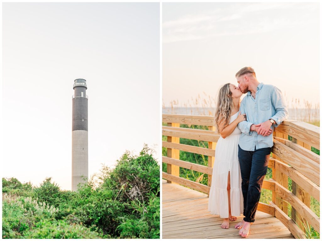 couple kissing on a boardwalk for summer engagement session in Oak Island, NC