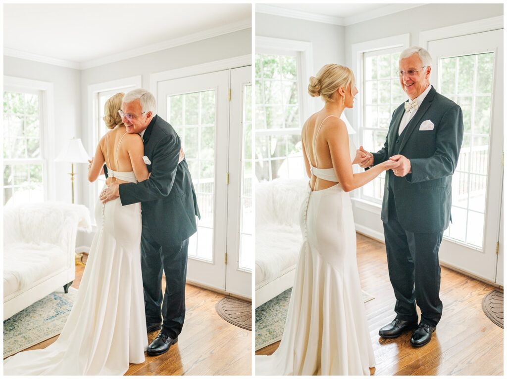 bride having first look with dad at getting ready suite in Raleigh