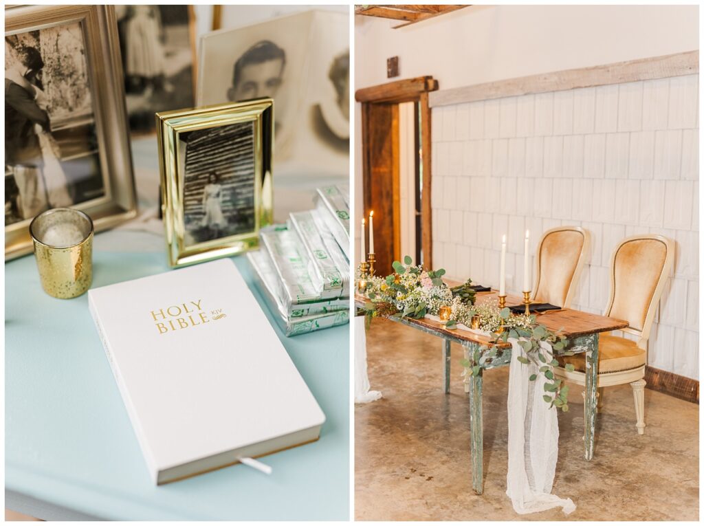 white bible sitting next to framed photos at fall wedding reception