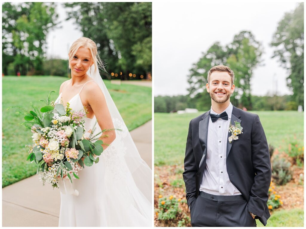 individual portraits of the bride and groom at Raleigh wedding venue