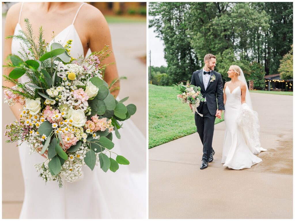 groom and bride walking together while groom holds the bouquet at fall wedding