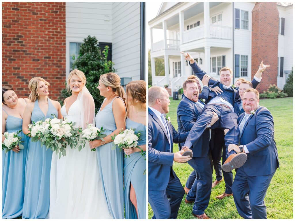 groomsmen holding up the groom and laughing outside at wedding venue