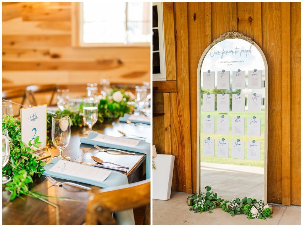 blue and white reception details with greenery for table decor 