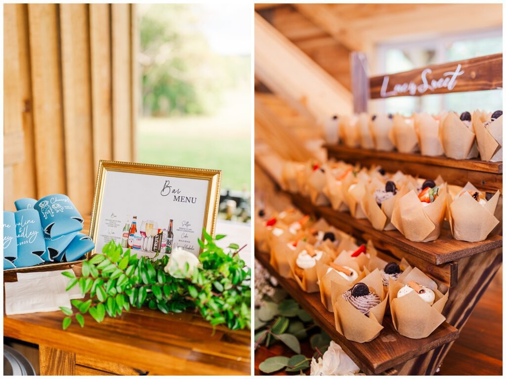 cupcakes and blue coozies at wedding reception at The Barn at Mattiponi Springs