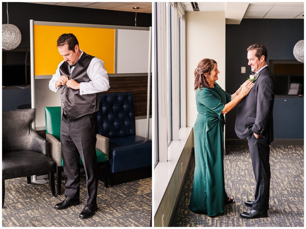groom's mom adjusting the groom's boutonniere at the City Club Raleigh 