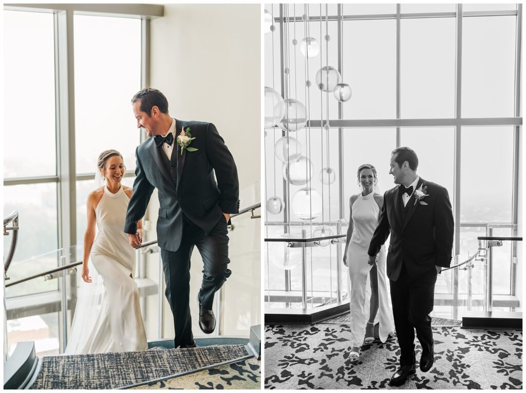 wedding couple walking up the stairs at the City Club Raleigh downtown