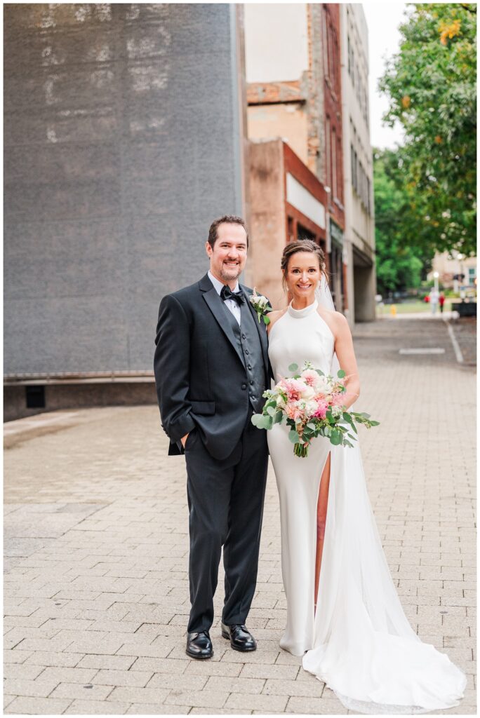 groom and bride portraits at downtown Raleigh NC fall wedding 