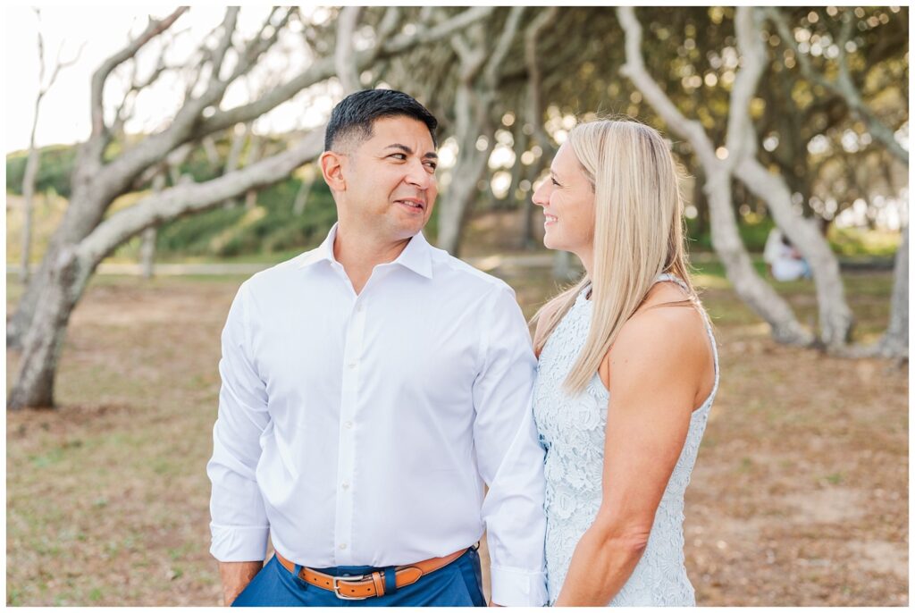 engagement session near the trees at Fort Fisher, NC