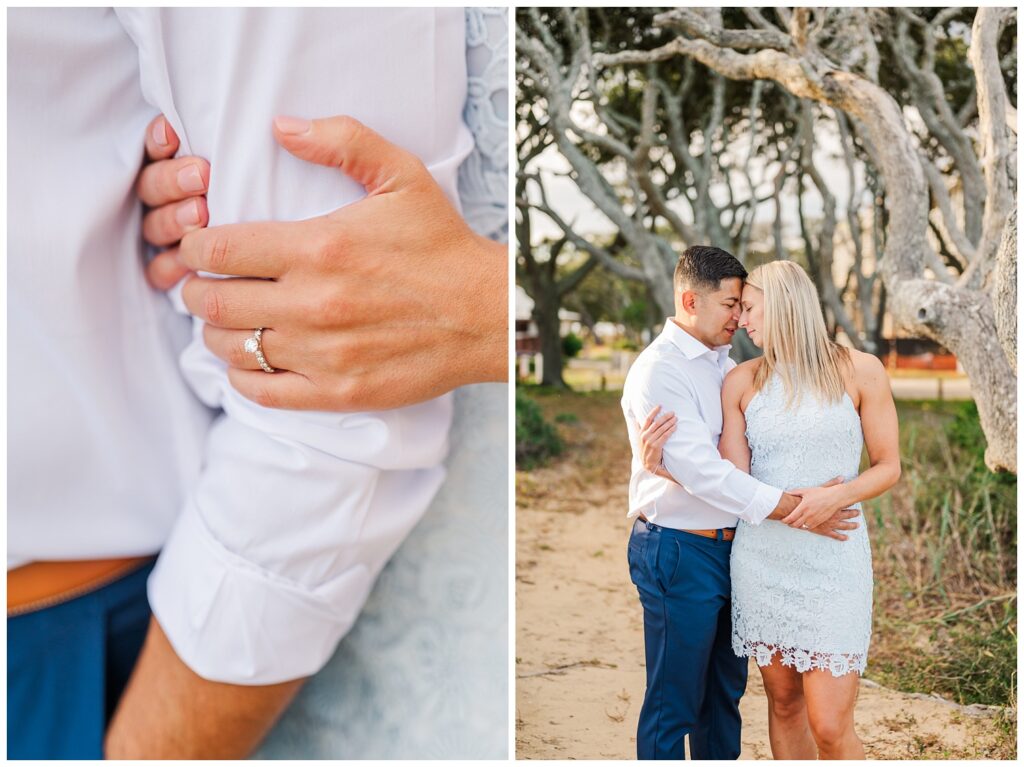 close up detail of engagement ring at Fort Fisher beach session