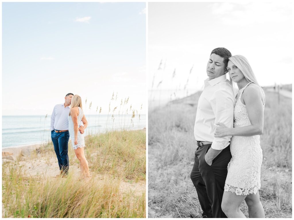 couple kissing on the sand dunes at Fort Fisher engagement session