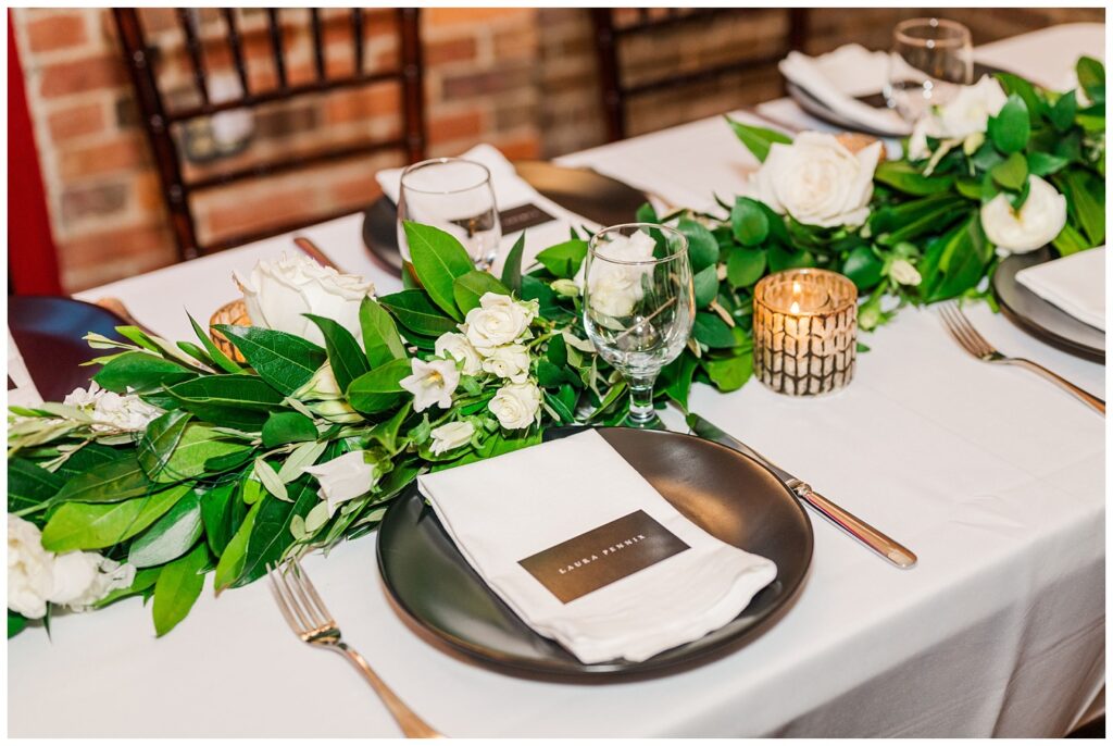 long wedding table centerpieces with greenery made by Fiore Design House