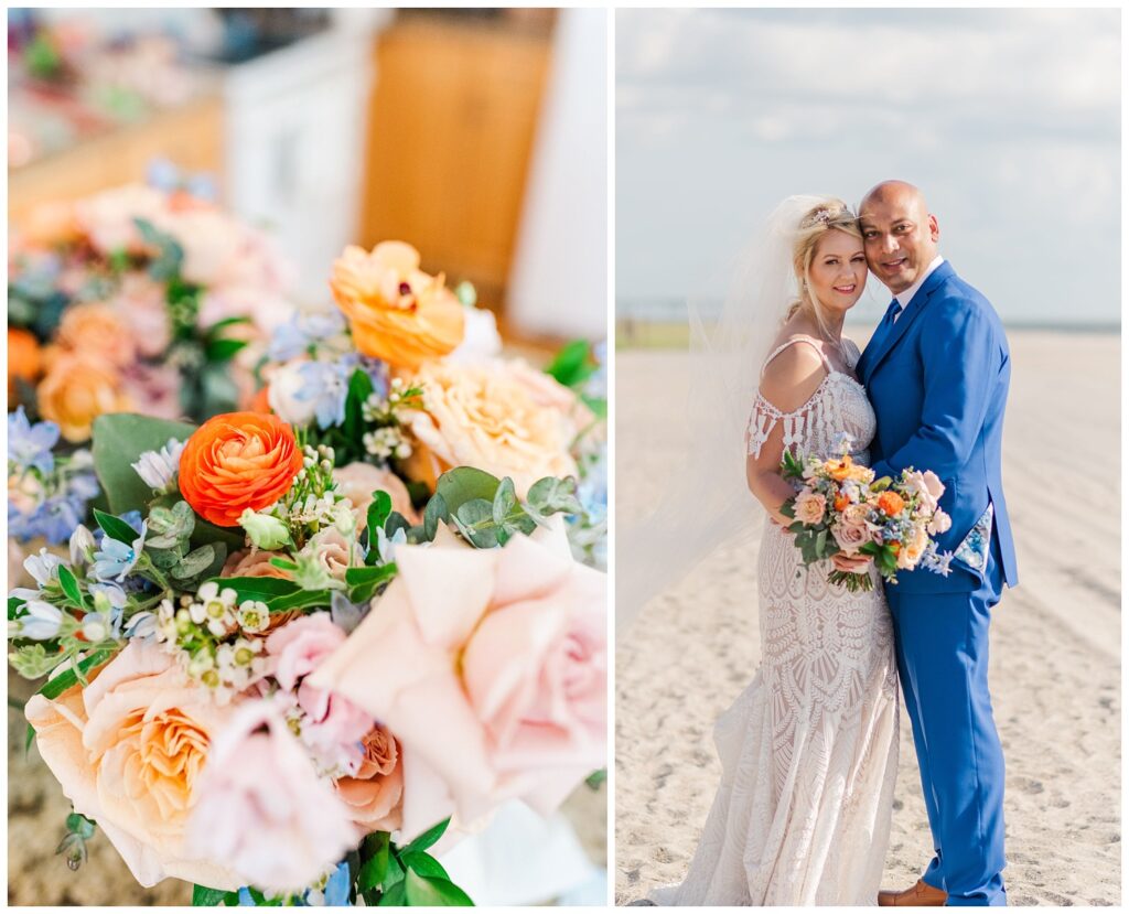bride and groom posing at the beach with brightly colored Wilmington wedding florals