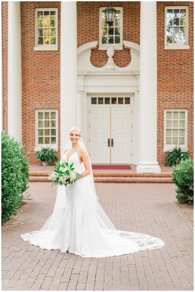 bridal portraits at Meredith College buildings in Raleigh