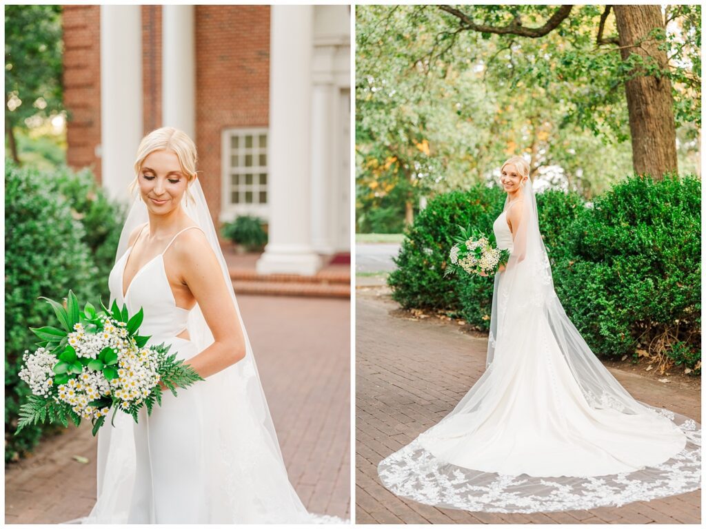 bride posing with bouquet on Meredith College campus in front of green bushes