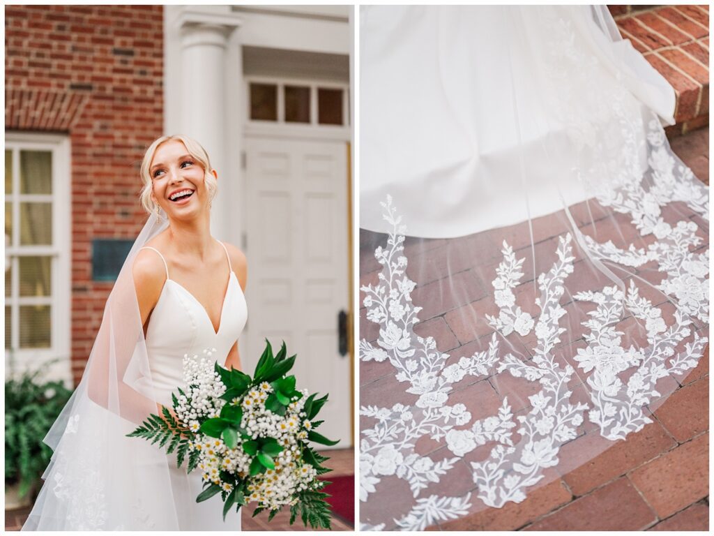 detail of a bride's lace veil on brick steps at Meredith College portrait session