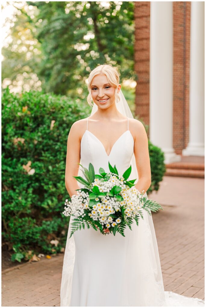 bridal portrait session on a brick walkway at Meredith College in Raleigh