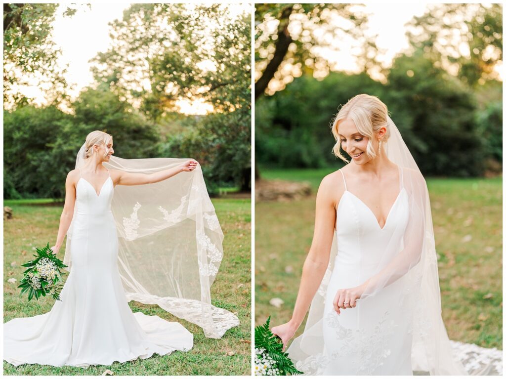 bride playing with her veil in the grass at Meredith College portrait session