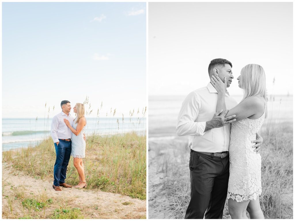 couple standing among the sand dunes at Fort Fisher beach session
