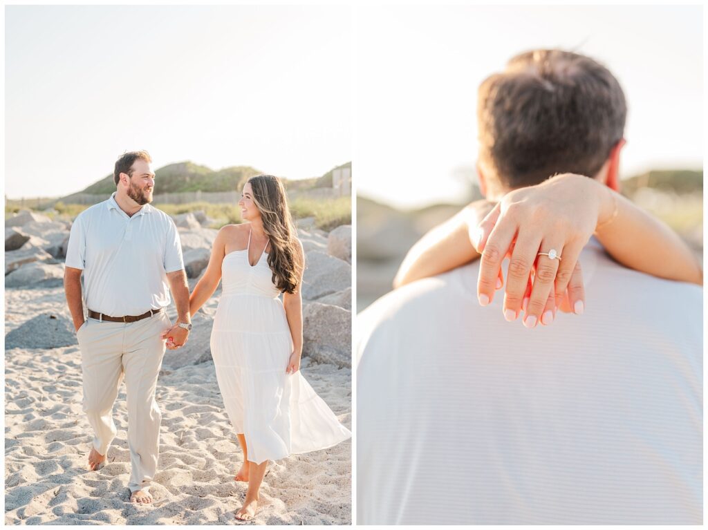 woman's engagement ring behind her fiance's neck at beach session in Fort Fisher