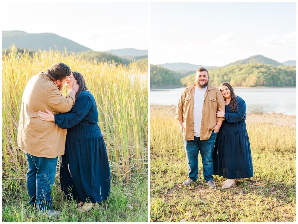 couple wearing khaki and navy blue at Carvins Cove engagement