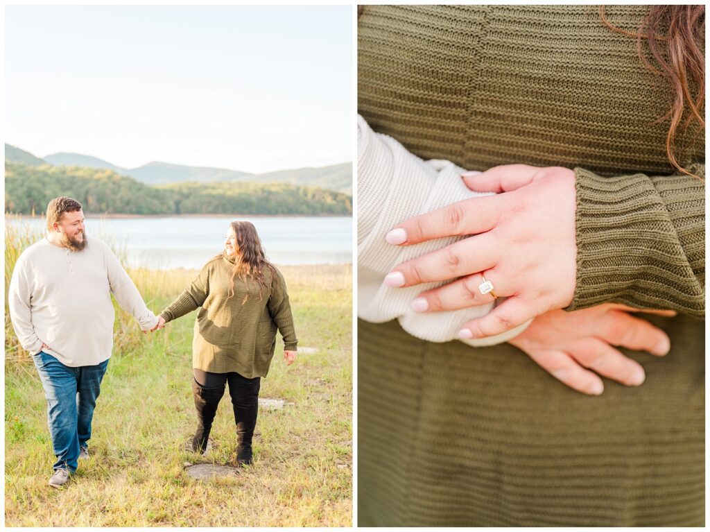 engagement couple walking together at Carvins Cove, VA