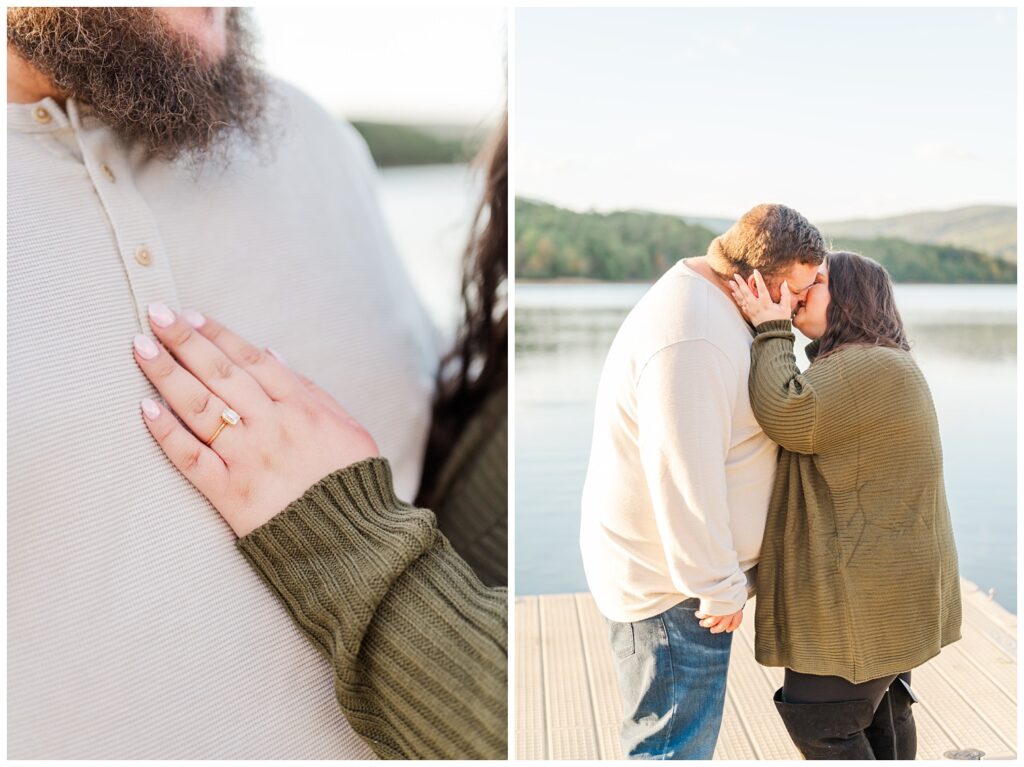 engaged couple kissing on the dock at Carvins Cove Natural Rservoir