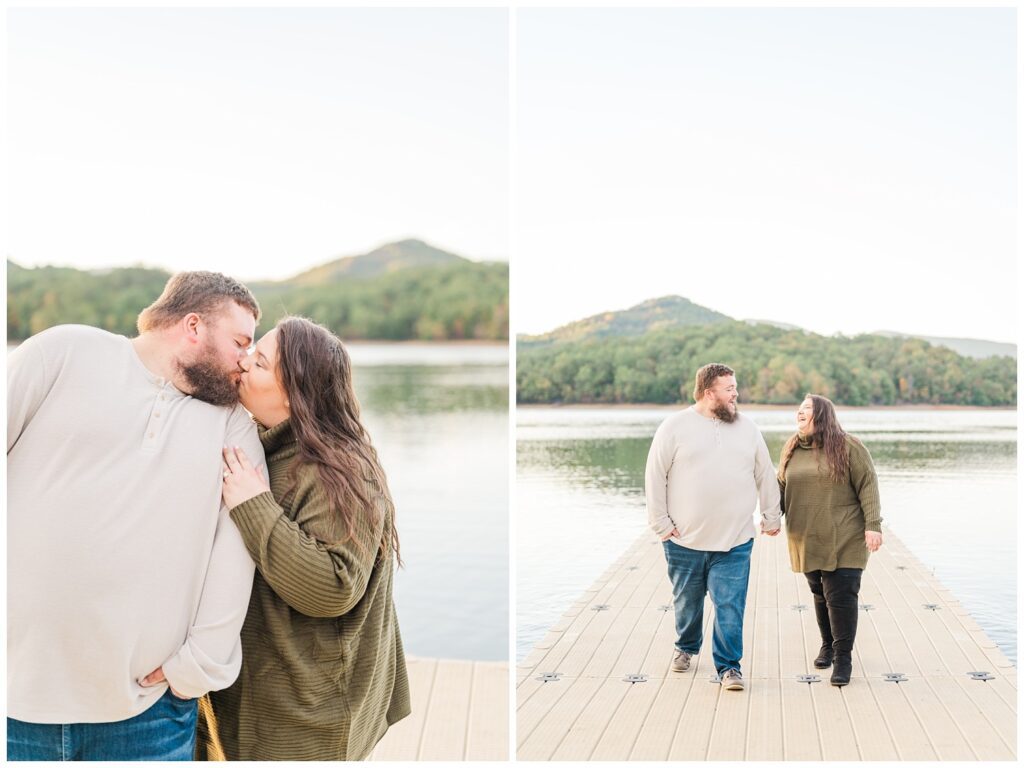 engaged couple laughing on the dock at Carvins Cove in Roanoke, VA