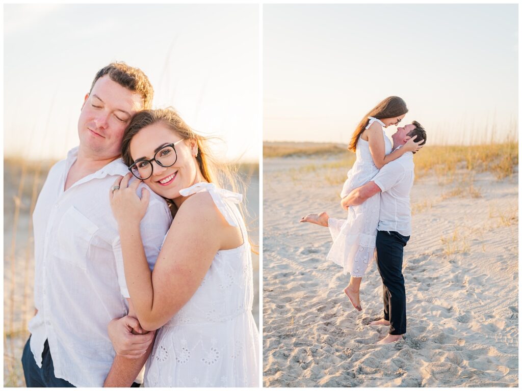engaged couple posing near the sand dunes at Wrightsville Beach session