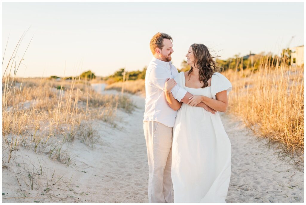 golden hour on the beach at couples session at Wrightsville Beach