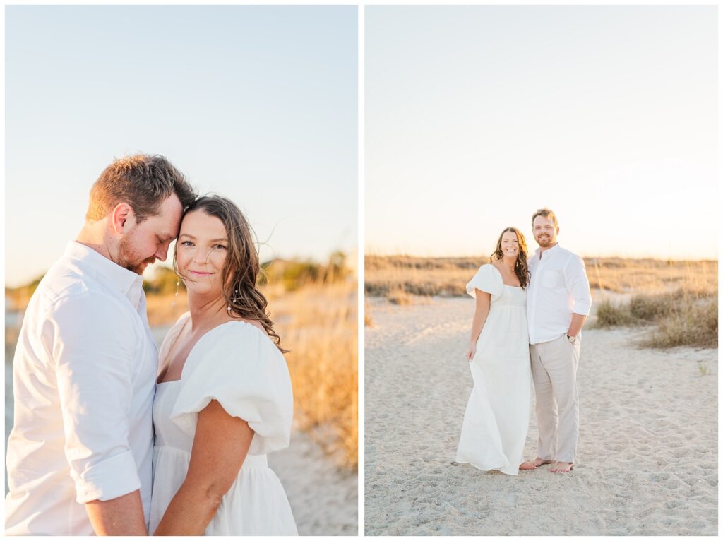 couple wearing white and khaki posing for engagement session at Wrightsville Beach