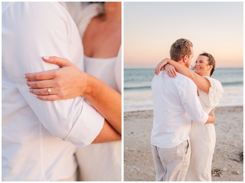 couple hugging on the beach during sunset at Wrightsville 